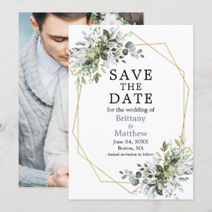 Watercolor Greenery Dusty Blue Photo Geo Frame Save The Date