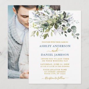 Watercolor Greenery Dusty Blue Photo Gold Wedding Invitation