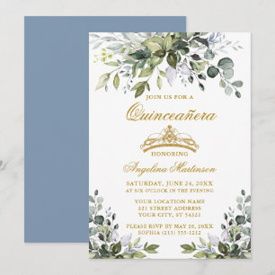 Watercolor Greenery Dusty Blue Quinceañera Gold Invitation