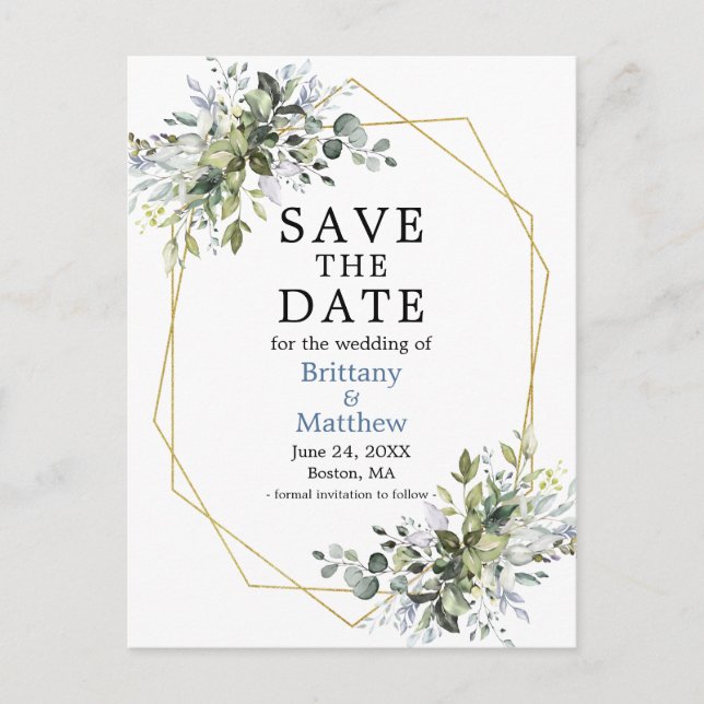 Watercolor Greenery Dusty Blue Save The Date Postcard (Front)