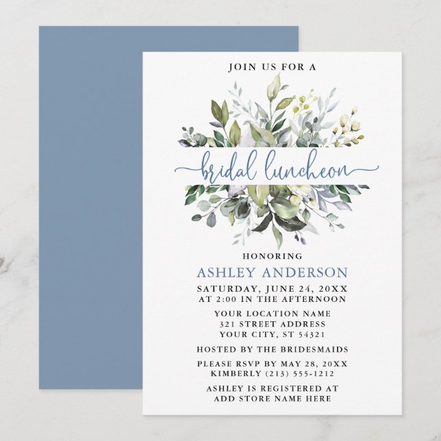 Watercolor Greenery Dusty Blue Script Luncheon Invitation (Front/Back)