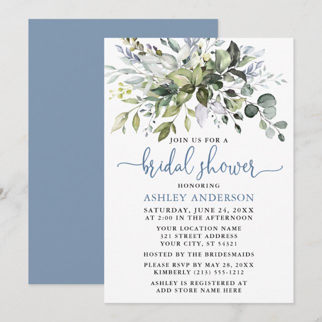 Watercolor Greenery Dusty Blue Script Shower Invitation (Front/Back)