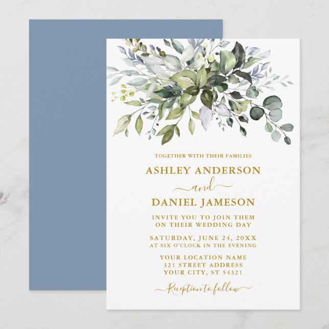Watercolor Greenery Dusty Blue Wedding Gold Invitation (Front/Back)
