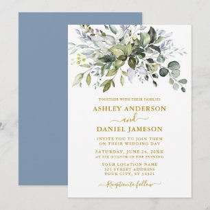 Watercolor Greenery Dusty Blue Wedding Gold Invitation