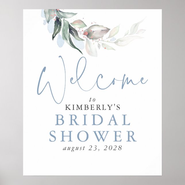 Watercolor Greenery Dusty Blue Welcome Sign (Front)