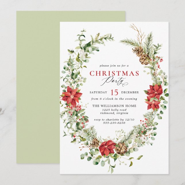 Watercolor Greenery Elegant Floral Christmas Party Invitation (Front/Back)