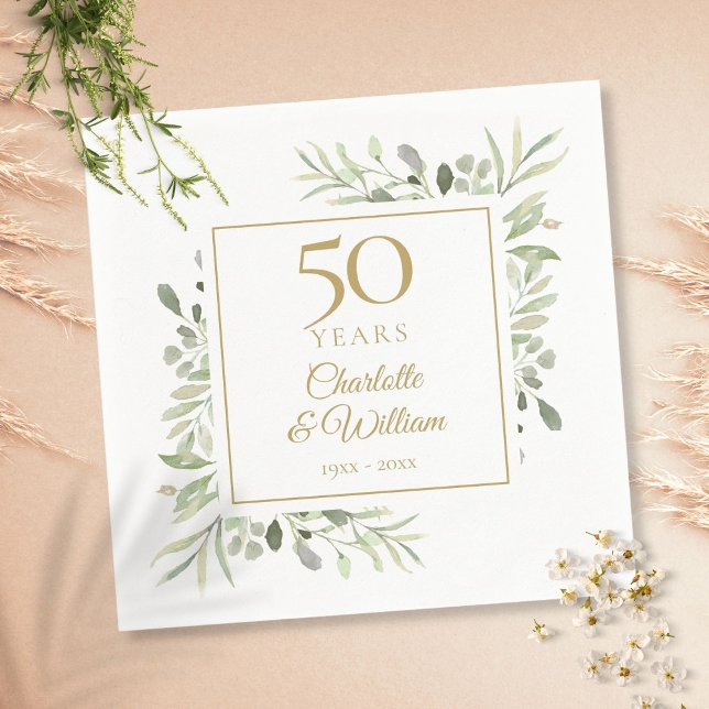 Watercolor Greenery Elegant Gold 50th Anniversary Napkin (Creator Uploaded)