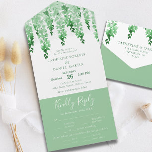 Watercolor Greenery Elegant Green Floral Wedding All In One Invitation