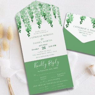 Watercolor Greenery Elegant Green Floral Wedding All In One Invitation