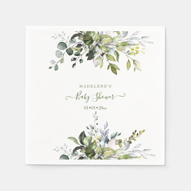 Watercolor Greenery, Eucalyptus Baby Shower Napkin (Front)
