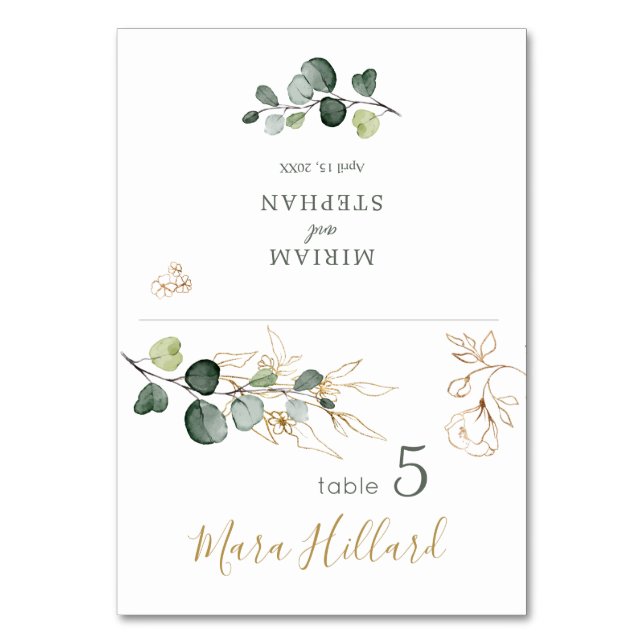 Watercolor Greenery Eucalyptus Gold  Place card (Front)