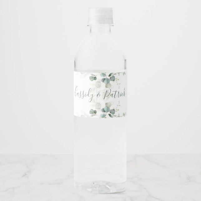 Watercolor greenery, eucalyptus leaves Wedding Water Bottle Label (Front)