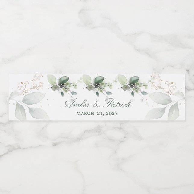 Watercolor greenery, eucalyptus leaves Wedding Water Bottle Label (Single Label)