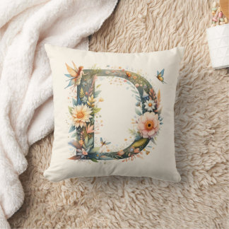 Watercolor Greenery Fairies Monogram Letter D Throw Pillow