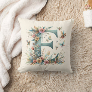Watercolor Greenery Fairies Monogram Letter E Throw Pillow