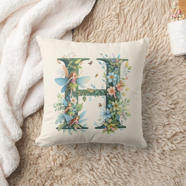 Watercolor Greenery Fairies Monogram Letter H Throw Pillow (Blanket)