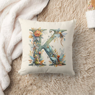 Watercolor Greenery Fairies Monogram Letter K Throw Pillow