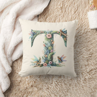 Watercolor Greenery Fairies Monogram Letter T Throw Pillow