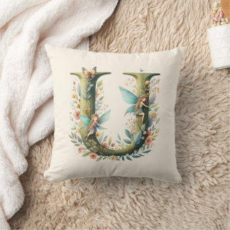 Watercolor Greenery Fairies Monogram Letter U Throw Pillow