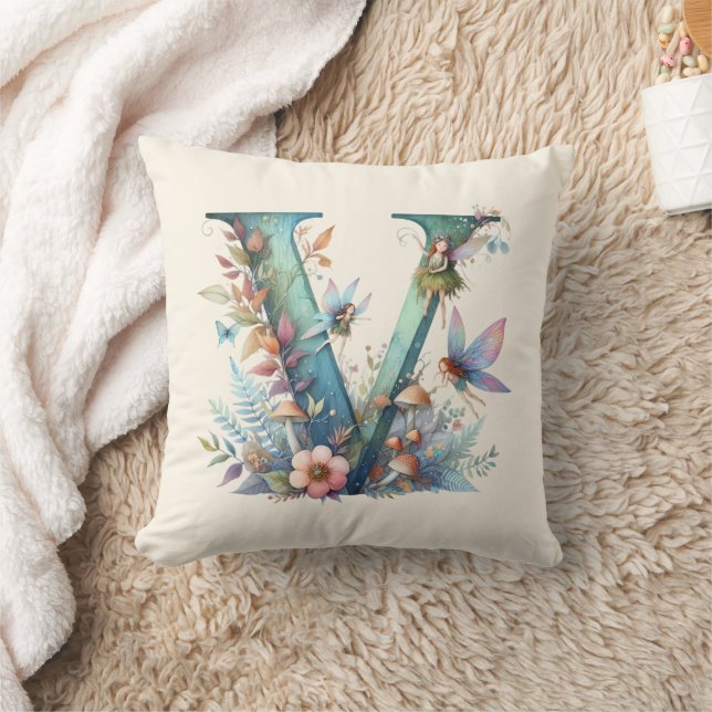 Watercolor Greenery Fairies Monogram Letter V Throw Pillow (Blanket)