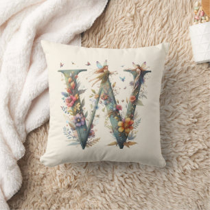 Watercolor Greenery Fairies Monogram Letter W Throw Pillow