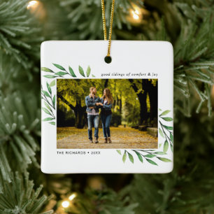 Watercolor Greenery Family Christmas Photo Ceramic Ornament