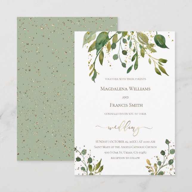watercolor greenery faux gold details wedding invitation (Front/Back)