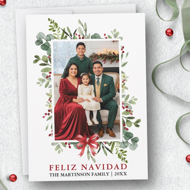 Watercolor Greenery Feliz Navidad Red Bow Holiday Card (Customize to add text to back of card.)