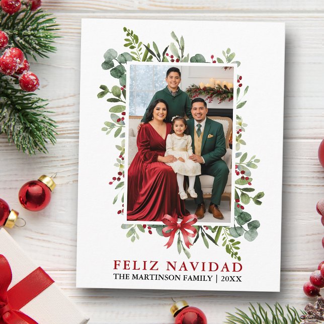 Watercolor Greenery Feliz Navidad Red Bow Postcard (Customize to change text size or text style.)