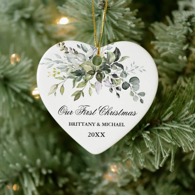 Watercolor Greenery First Christmas Heart Ceramic Ornament (Tree)
