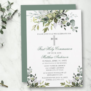 Watercolor Greenery First Communion Sage Green Invitation