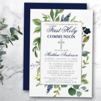 Watercolor Greenery First Holy Communion Blue