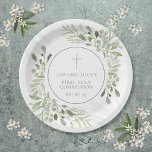 Watercolor Greenery First Holy Communion Paper Plate<br><div class="desc">Featuring delicate watercolor leaves and an elegant silver cross,  this chic gender-neutral holy communion plate can be personalized with your special event information. Designed by Thisisnotme©</div>