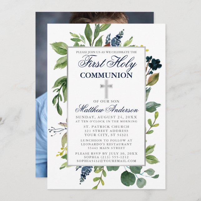 Watercolor Greenery First Holy Communion Photo Invitation (Front/Back)