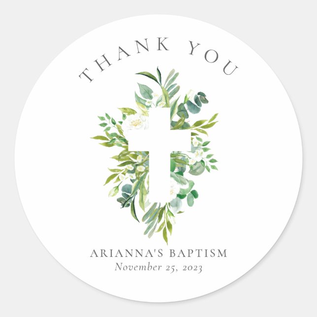 Watercolor Greenery Floral Cross Baptism Classic Round Sticker (Front)