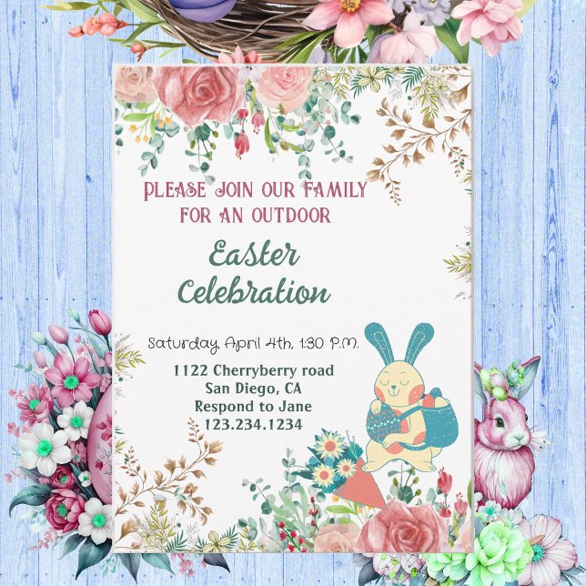 Watercolor Greenery Floral Easter Bunny Eggs Cute Invitation (Watercolor Greenery Floral Easter Bunny Eggs Cute Invitation)