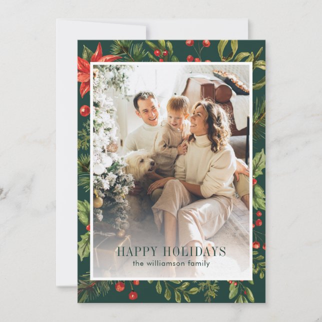 Watercolor Greenery Floral Frame Photo Holiday Card (Front)