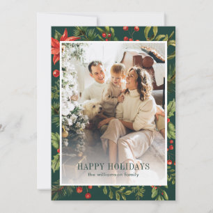 Watercolor Greenery Floral Frame Photo Holiday Card