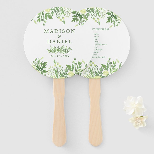 Watercolor Greenery Floral Garden Wedding Program Hand Fan (Front and Back)
