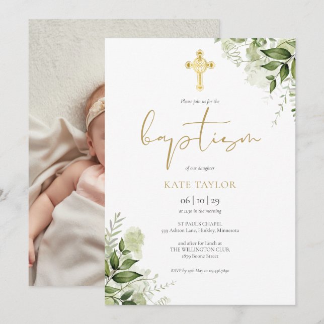 Watercolor Greenery Floral Gold Baptism Photo Invitation (Front/Back)