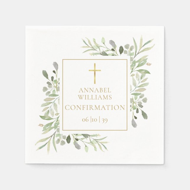 Watercolor Greenery Floral Gold Confirmation Napkin (Front)