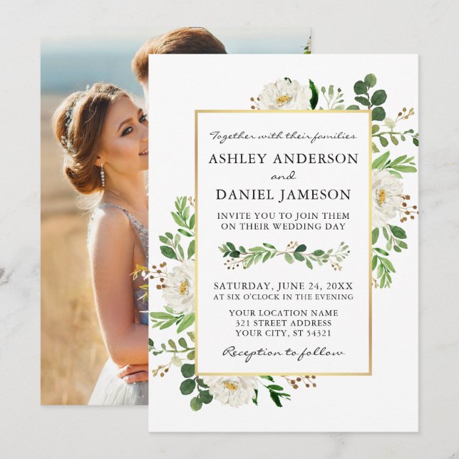 Watercolor Greenery Floral Photo Back Wedding Invitation (Front/Back)