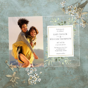 Watercolor Greenery Floral Photo Wedding Acrylic Invitations