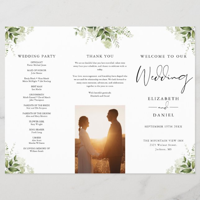 Watercolor Greenery Floral Trifold Wedding Program (Front)