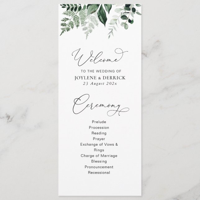 watercolor greenery floral wedding program (Front)