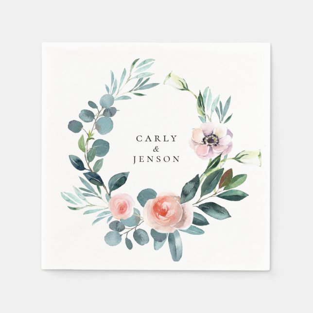 Watercolor Greenery Floral Wreath Paper Napkins (Front)