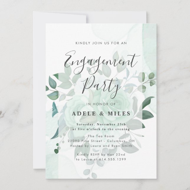 Watercolor Greenery Flowers Engagement Party Invitation (Front)