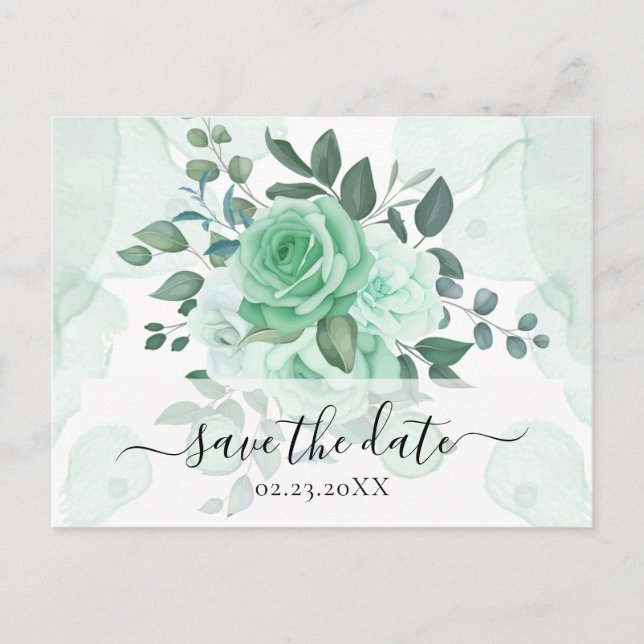 Watercolor Greenery Flowers Save the Date  Postcard (Front)