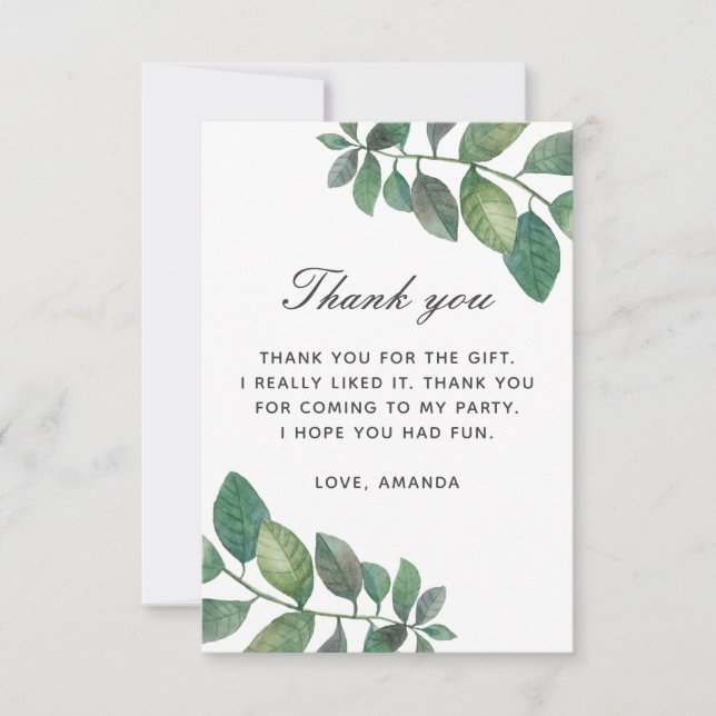 Watercolor greenery foliage. Botanical birthday Thank You Card (Front)