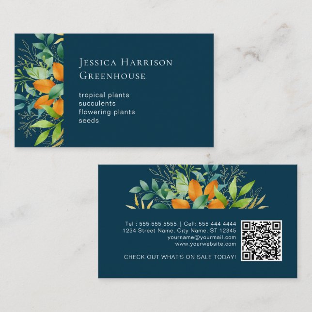 Watercolor Greenery Foliage Botanical QR Code Business Card (Front/Back)